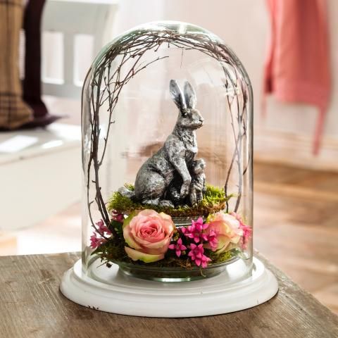Glass Cloche with Metallic Rabbit Figurine