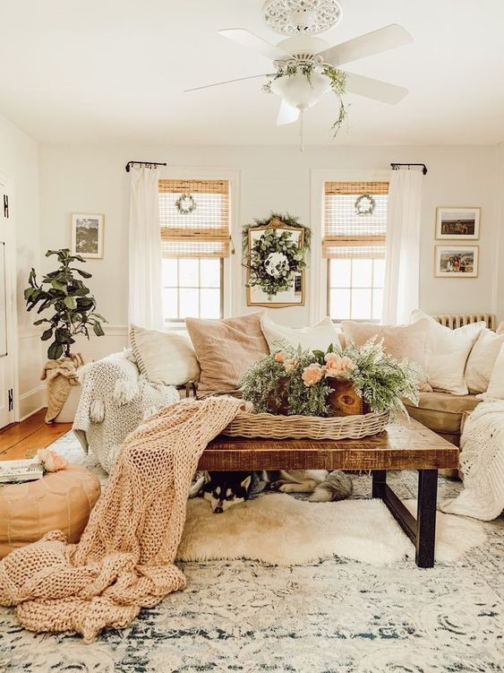 knitted blanket as decorative accent on coffee table