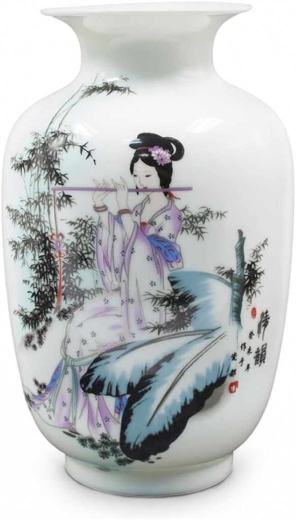 serene maiden playing the bamboo flute vase chinese motif