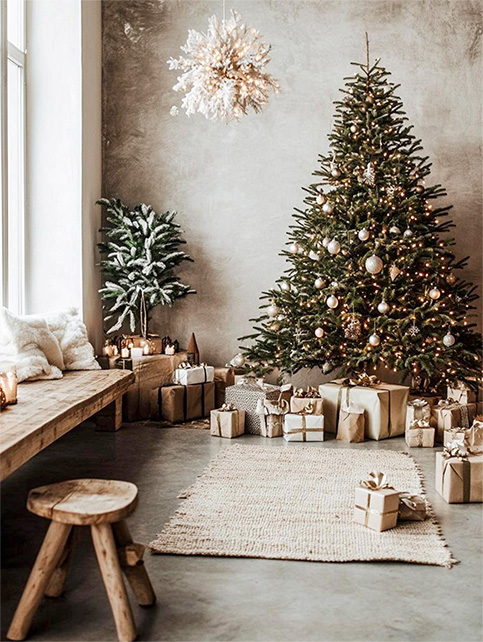 boxes and woven rug for boho christmas decoration