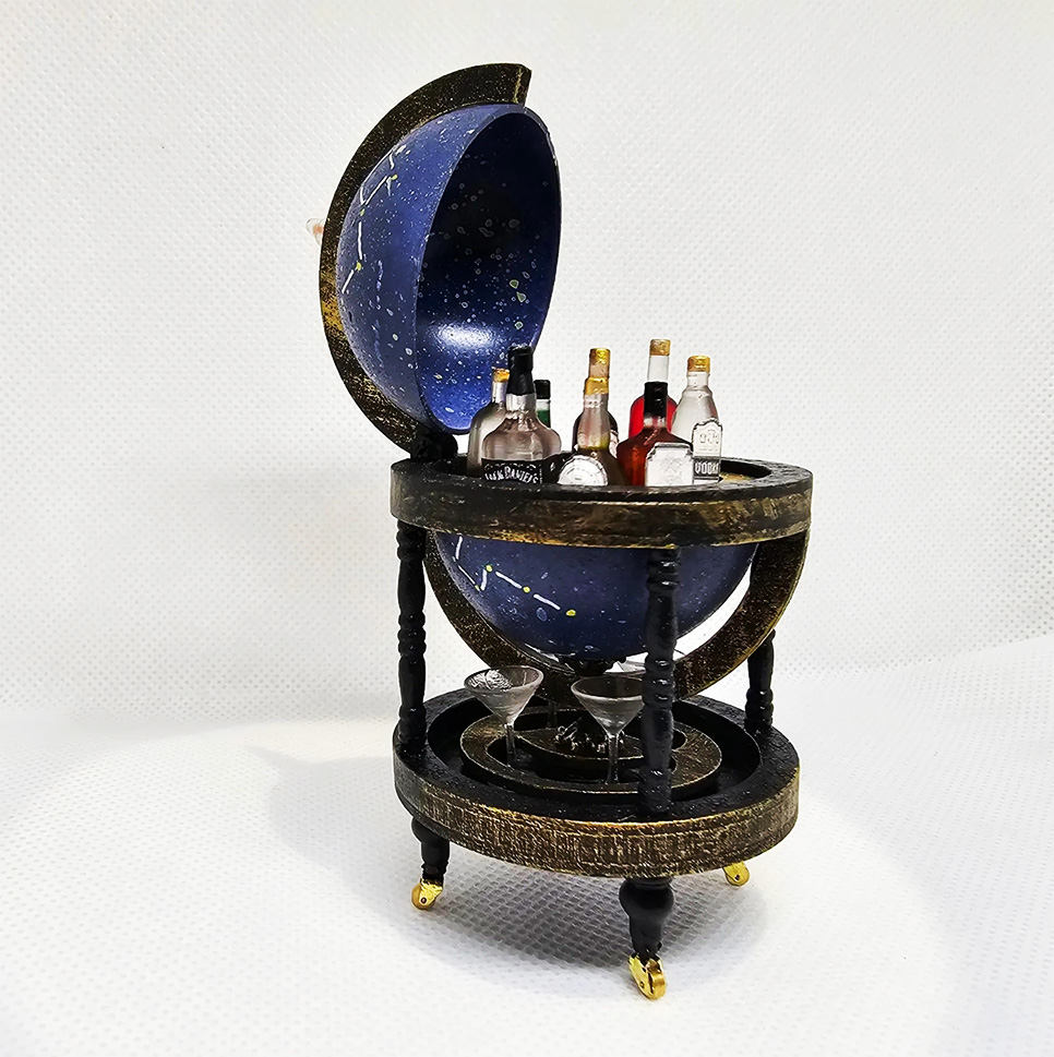 antique blue globe bar cart