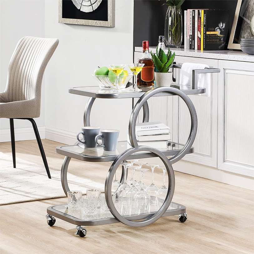 contemporary futuristic industrial silver bar cart 