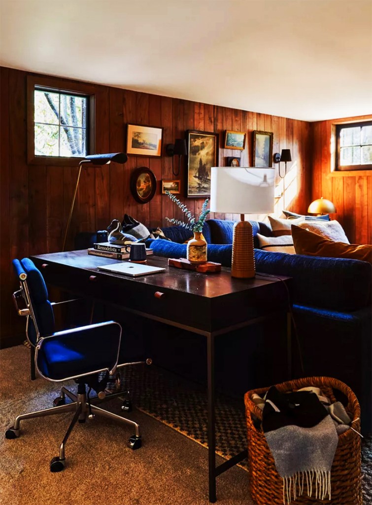 desk behind sofa layout home office workspace